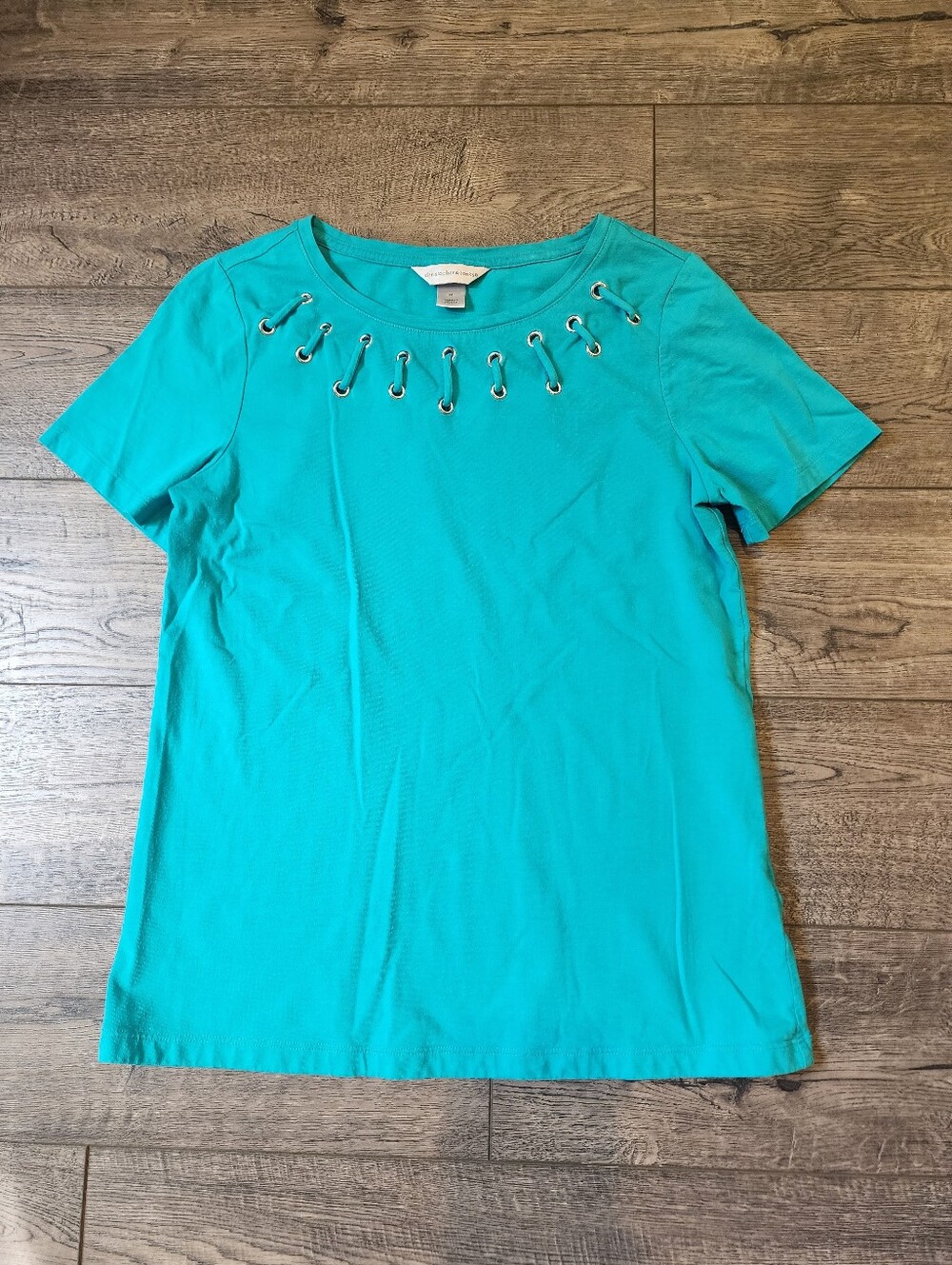 Christopher and Banks Womens Teal Short Sleeve Top Size Medium Lace-Up Neckline